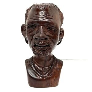 antique hand carved African man male heavy wood sculpture statue bust figure, 5”